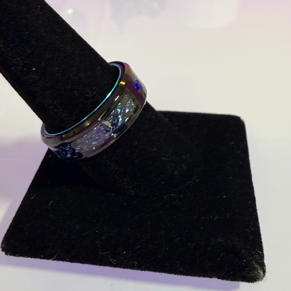 Tungsten Titanium Carbide 8 mm Blue Black Dragon with Blue CZ Gem Ring Band - Picture 6 of 13